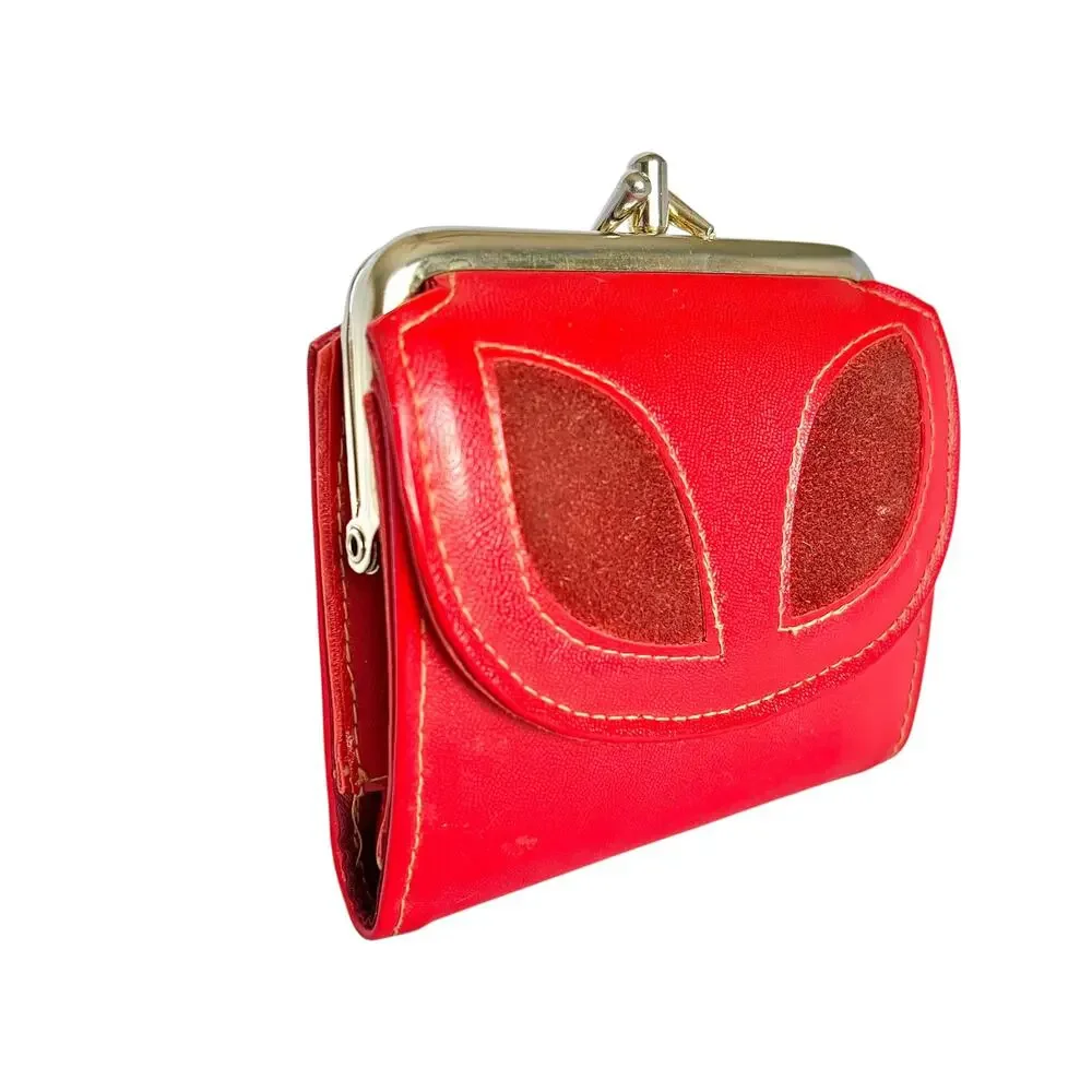 Vintage Red Faux Leather Suede Cutout Compact Kisslock Frame Wallet